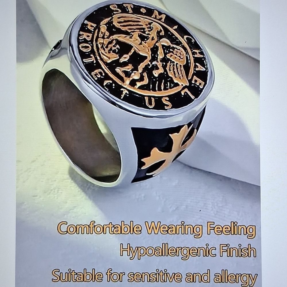 Stainless Steel St. Michael Ring - Black and Gold Size 11 Mens New In Box